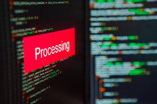 Programming language, Processing inscription on the background of computer code.
