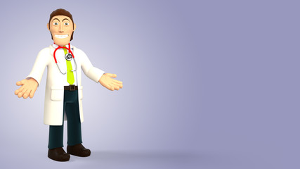 Cartoon 3d doctor with a stethoscope smiling with open arms on a purple gradient background 3d rendering