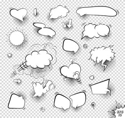 A set of comic bubbles and elements with halftone shadows