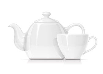 Ceramic teapot and cup. Porcelain kettle and mug for tea. Tableware for drink. Isolated on white background. Eps10 vector illustration.