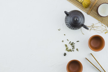 Traditional asian tea ceremony arrangement on white background