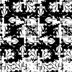 Seamless pattern tribal design. Black and white print with pixel flowers and grunge splashes. Watercolor effect. Suitable for bed linen, leggings, shorts and fashion industry.