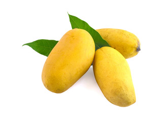 Delicious ripe mango with green leaf on white background 002