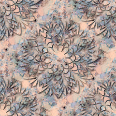 Seamless pattern grunge design. Marble print with mandalas. Watercolor effect. Suitable for bed linen, leggings, shorts and fashion industry.