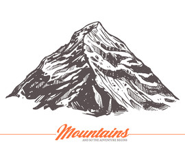 Hand drawn vector illustration of mountain. Rock in sketch engraving style