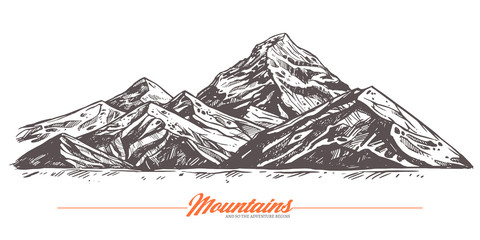 Hand drawn vector illustration of mountains. Rock in sketch engraving style for adventure poster