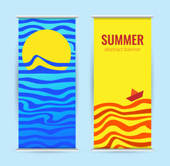 Vertical summer discounts banner or roll up.  Blue sea and bright yellow sun. Ship on the waves against the hot summer.