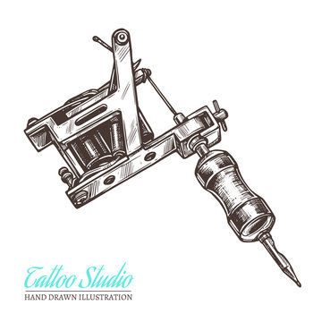 Vector hand drawn sketch illustration of tattoo machine for salon and studio