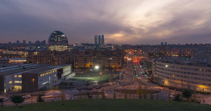 Timelapse of sunset from Las Tablas, Madrid. Cuatro torres bussines area and BBVA tower as main subjects