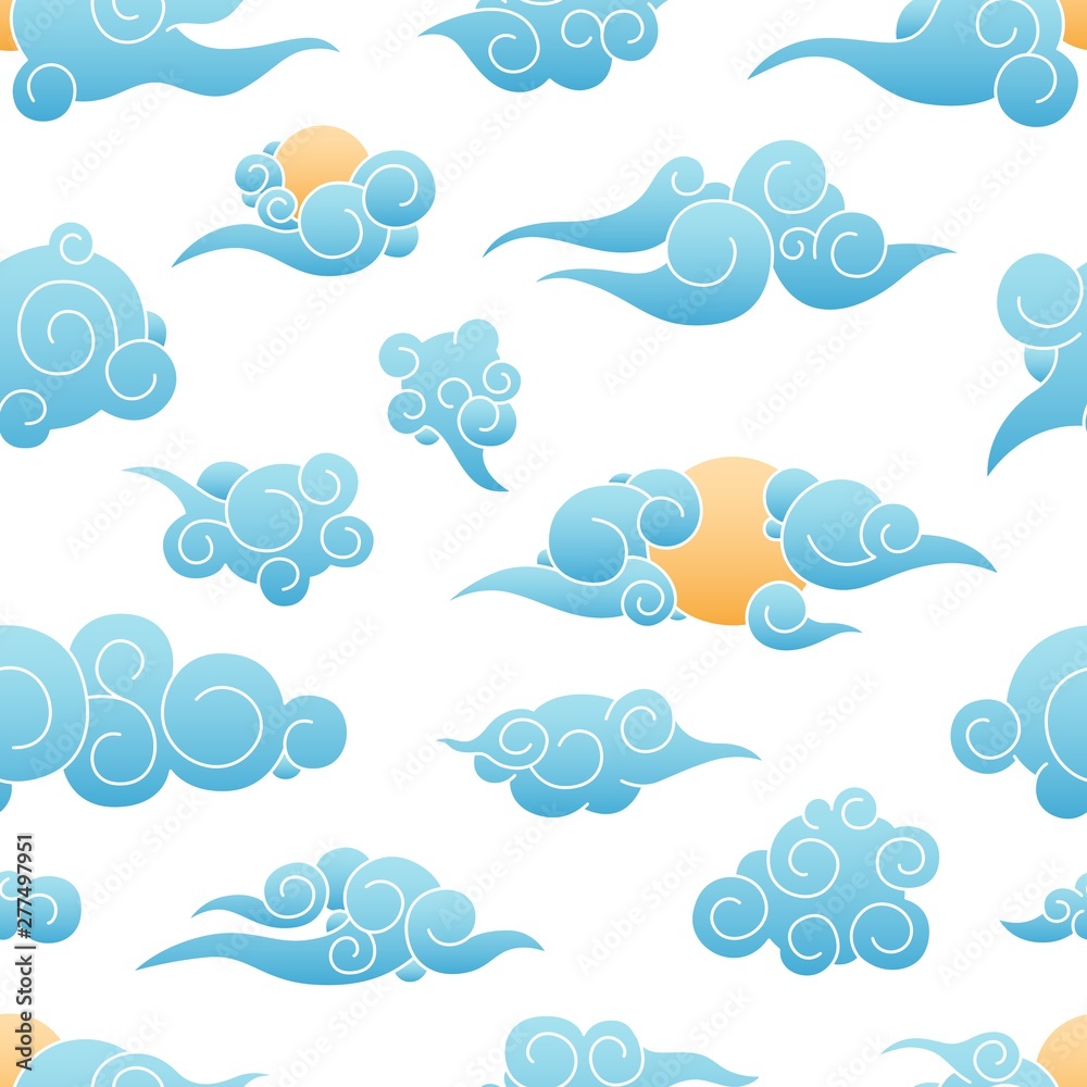 Poster seamless pattern with sun and clouds in traditional chinese style on white background. oriental deco