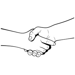 Handshake. Outline drawing. Two hands on isolated on white background. Vector image.