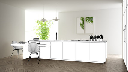 Blueprint project draft, sketch of minimalist modern kitchen with island and lamps, interior design concept idea, modern apartment with parquet floor, contemporary furniture idea