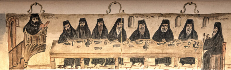 Fototapeta premium Peinture murale ancienne dans le monastère d'Agios Nikolaos Anapafsas, Météores, Grèce