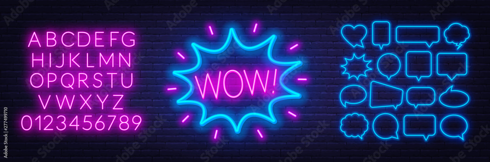Fototapete neon sign wow . set of neon speech bubbles and the alphabet on a dark background. template for desig