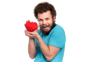 Happy Valentines Day. Crazy bearded Man with funny Curly Hair in blue T-shirt. Happy and silly guy in Love, isolated on white background. Portrait of Cheerful man with Red plush Heart, look at camera