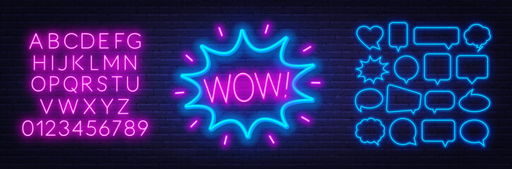 Neon sign wow . Set of neon speech bubbles and the alphabet on a dark background. Template for design. - obrazy, fototapety, plakaty