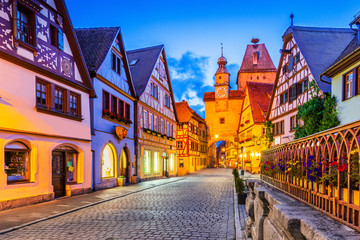 Rothenburg, Germany. Medieval town of Rothenburg ob der Tauber at night. - obrazy, fototapety, plakaty