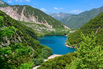 Naklejka na ściany i meble View of the impressive Stefaniada Lake, one of the so-called Dragon Lakes, on the Agrafa massif, near Agrafa village in Thessaly, Greece