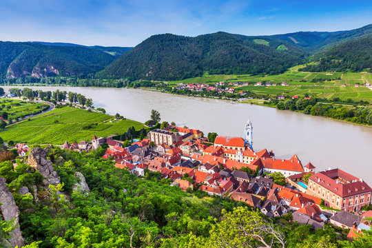 Wachau Valley, Austria. The medieval town of Durnstein along the Danube River.