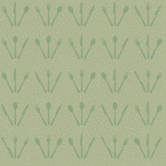Seamless cutlery pattern. Fork, knife and spoon are in a set of three in horizontal rows. Background with hand drawn, irregular spots. Easy to edit colors in Illustrator.