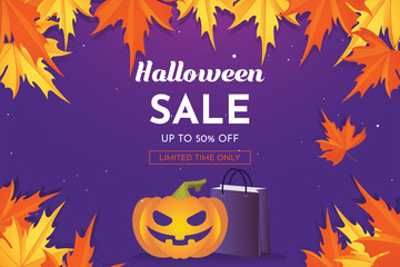 Halloween Sale with pumpkin and autumn leaves. banner and background vector illustration