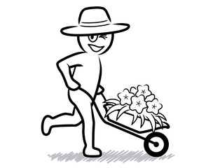 L&auml;chelnder G&auml;rtner mit Hut, Schubkarre und Blumen / schwarz-wei&szlig; / Vektor-Zeichnung / Konturen