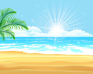 Fototapeta na wymiar Vector illustration. Blue sea and sky background. Summer holiday tropical beach background with palm leaves