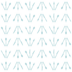 Seamless cutlery pattern. Fork, knife and spoon are in a set of three. Transparent background. Easy to edit colors in Illustrator.