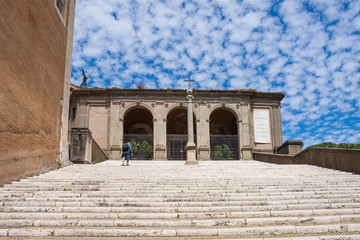 ROME, ITALY - MAY 3, 2019: Long and wide staircase in  Rome, Italy