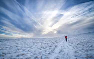 A hiker and their dog walking up a snow covered Bowscale Fell in the Lake District.