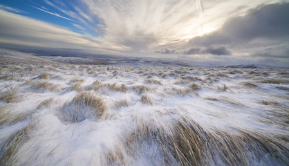 Frozen windscwept grassland near the summit of Bowscale Fell in the Lake District.