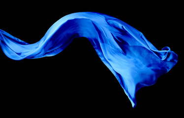 Smooth elegant blue transparent cloth isolated on black background.