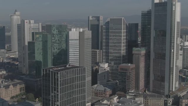 Aerial View of the Cityscape Skyline of Frankfurt am Main on an overcast Day in a district also called Mainhattan in Germany