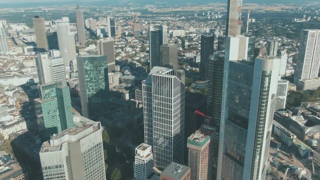 Aerial View of the Cityscape Skyline of Frankfurt am Main on an overcast Day in a district also called Mainhattan in Germany