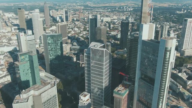 Aerial View of the Cityscape Skyline of Frankfurt am Main on an overcast Day in a district also called Mainhattan in Germany