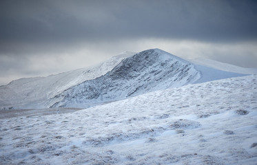 A frozen, snow and ice covered Blencathra from the summit of Bowscale Fell in the Lake District