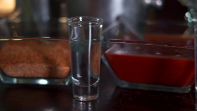 Close up tequila shots mexican bar
