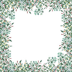 Fototapeta premium Watercolor frame with wildflower, herbs, leaf. collection garden, wild foliage, flowers, branches. illustration isolated on white background.