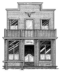 Old American western building illustration, drawing, engraving, ink, line art, vector
