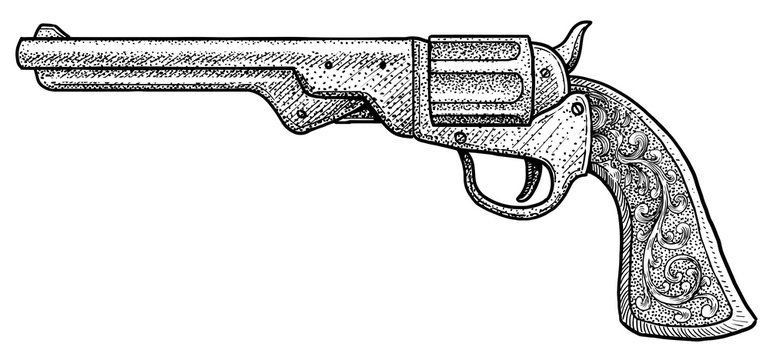 recommend clip art: Cowboy pistol illustration, drawing, engraving, ink, line art, vector