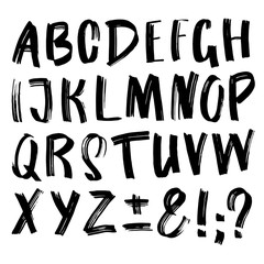 Grungy letters of English alphabet. Black handdrawn vector lettering on white background. Rough typeface. Handwritten glyph