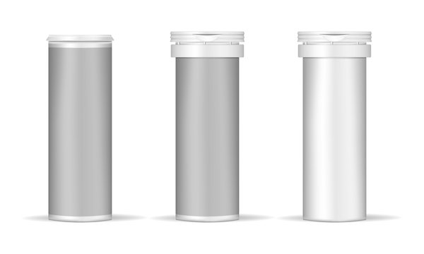 Medical pill cylinder box, realistic vector mockup. White metal or plastic tube with cap and blank label - open and closed, template. Medicine effervescent tablet jar