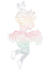 Beautifull dancing girl in a patterned dress.