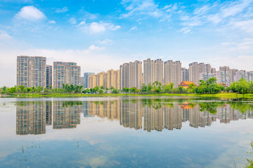 Fototapeta premium Architectural scenery around Jincheng Lake Park in Chengdu, Sichuan Province, China