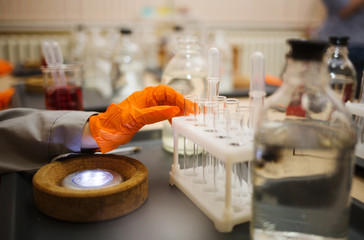 child student in the chemistry room. exciting experiments and experiences for children. cognitive science and development