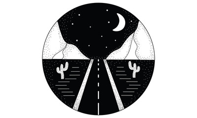 Line hand drawn black and white logo illustration circle of road, landscape mountains, and desert with cactuses, night sky with moon and stars