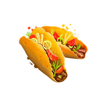 Mexican tacos, taco with beef, vegetables rolled in pita isolated on white background. Street food, take-away, takeout. Fast food hand drawn digital illustration. Graphic clipart design for web print.
