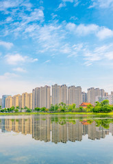 Fototapeta premium Architectural scenery around Jincheng Lake Park in Chengdu, Sichuan Province, China