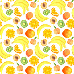 Watercolor tropical fruits seamless pattern. Hand drawn banana, kiwi slice, peach, orange isolated on white background for food package design, textile, print, cover, wrapping, cards.