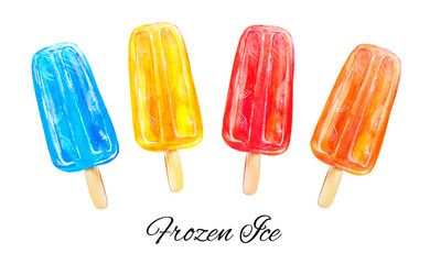 Set of four colorful ice creams from frozen fruit and berry juice. Watercolor painting. Food background. Hand drawn sweets illustration. Summer cold desserts. Painted backdrop. Sketch drawings.